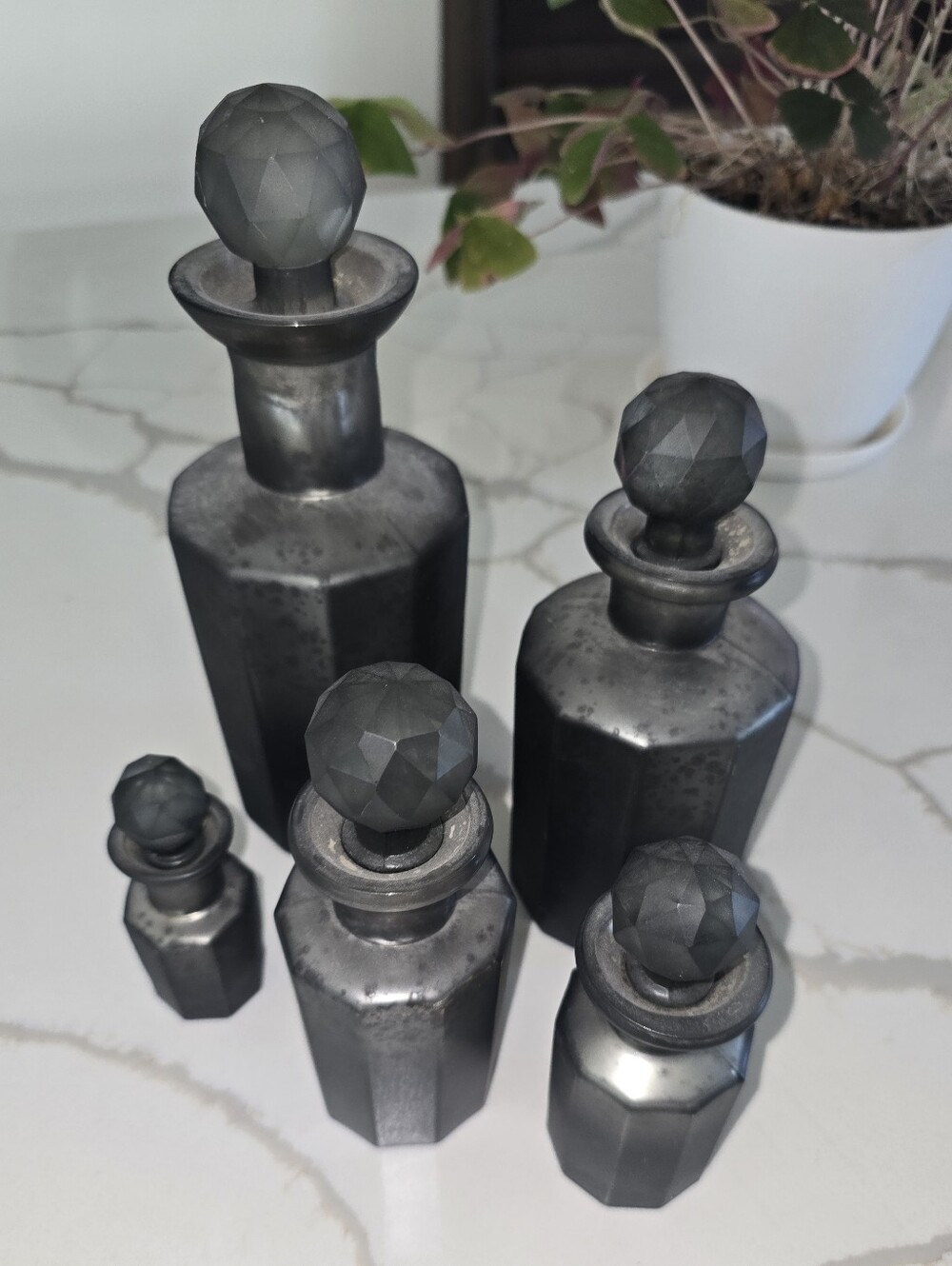 Vintage Art Deco Style Gunmetal Glass Vanity Bottles Set of 4